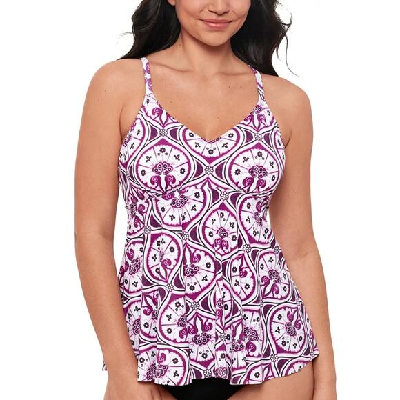 Swim Solutions Women Magenta Tiles Underwire V-Neck Swim Tankini Top Size US 12 - Picture 1 of 3